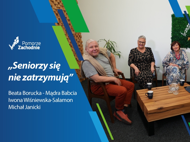 plakat z napisem "Młodośc przchodzi z wiekiem" oraz imiona i nazwiska gości w studiu -  aktor Michał janicki, Beata Boorucka i Iwona Wiśniewska-Salamon; po prawej prowadząca Sandra Jędras