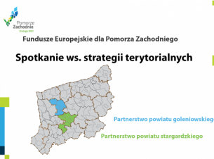 Mapa województwa zachodniopomorskiego z zaznaczonymi partnerstwami w ramach wsparcia tj. gminami partnerstwa powiatu goleniowskiego i stargardzkiego w ramach Instrumentu IIT